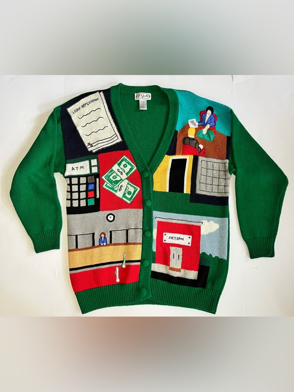 Rare  Vtg 90s P' Galli Designs Bank Money Novelty Cardigan Sweater Grandma Core